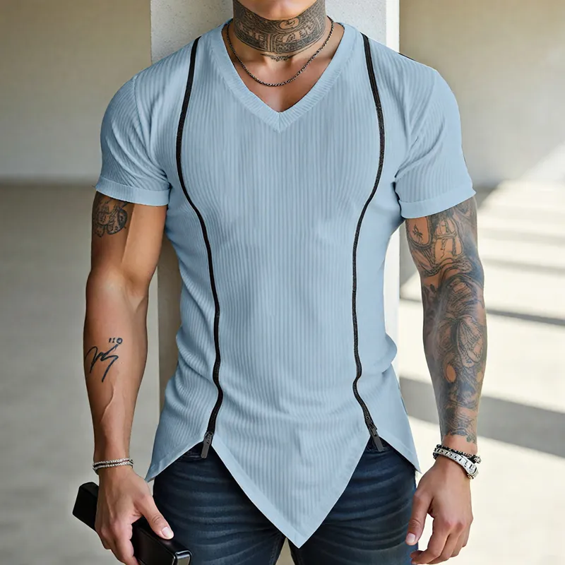 Men's Zip Decor Solid Striped V Neck Short Sleeve T-shirt MTA2189F6Z sold by Manly product image thumbnail 2