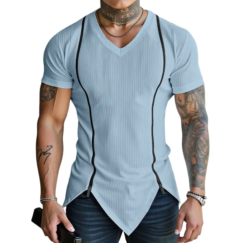 Men's Zip Decor Solid Striped V Neck Short Sleeve T-shirt MTA2189F6Z sold by Manly