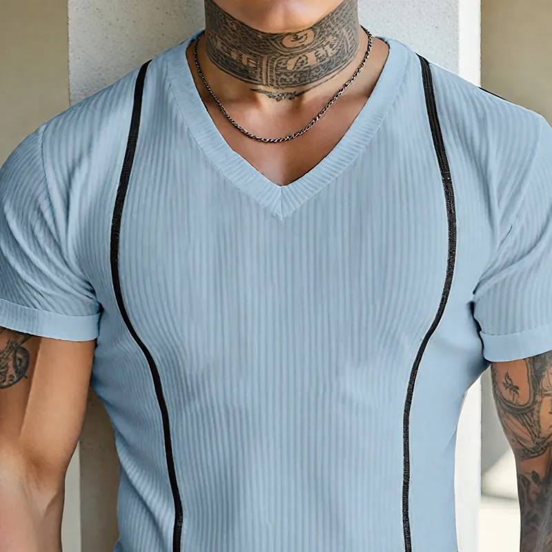 Men's Zip Decor Solid Striped V Neck Short Sleeve T-shirt MTA2189F6Z sold by Manly product image thumbnail 3