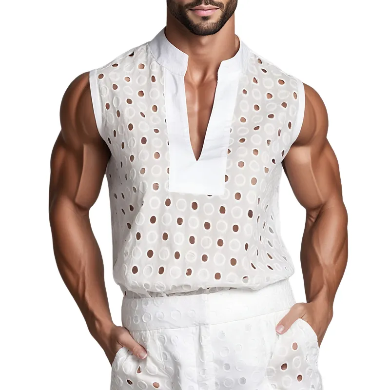 Men's Circular Hollow Embroidery Pattern V Neck Sleeveless Tank Top MTA2331F8Z sold by Manly