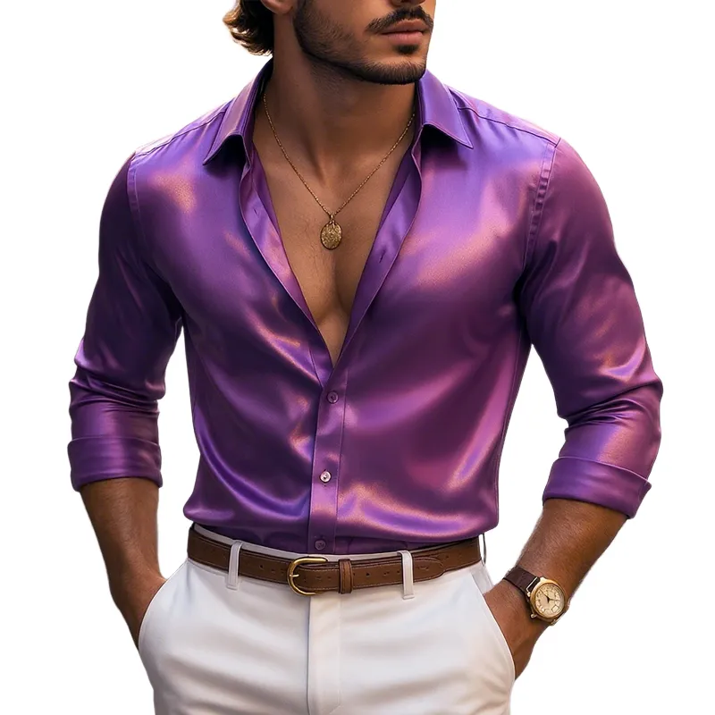 Men's Solid Glitter Satin Lapel Long Sleeve Shirt MTA2355F8Z sold by Manly