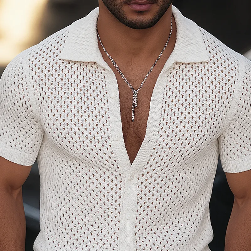 Men's Solid Hollow Knit Lapel Short Sleeve Shirt MTA2335F5Z sold by Manly product image thumbnail 3