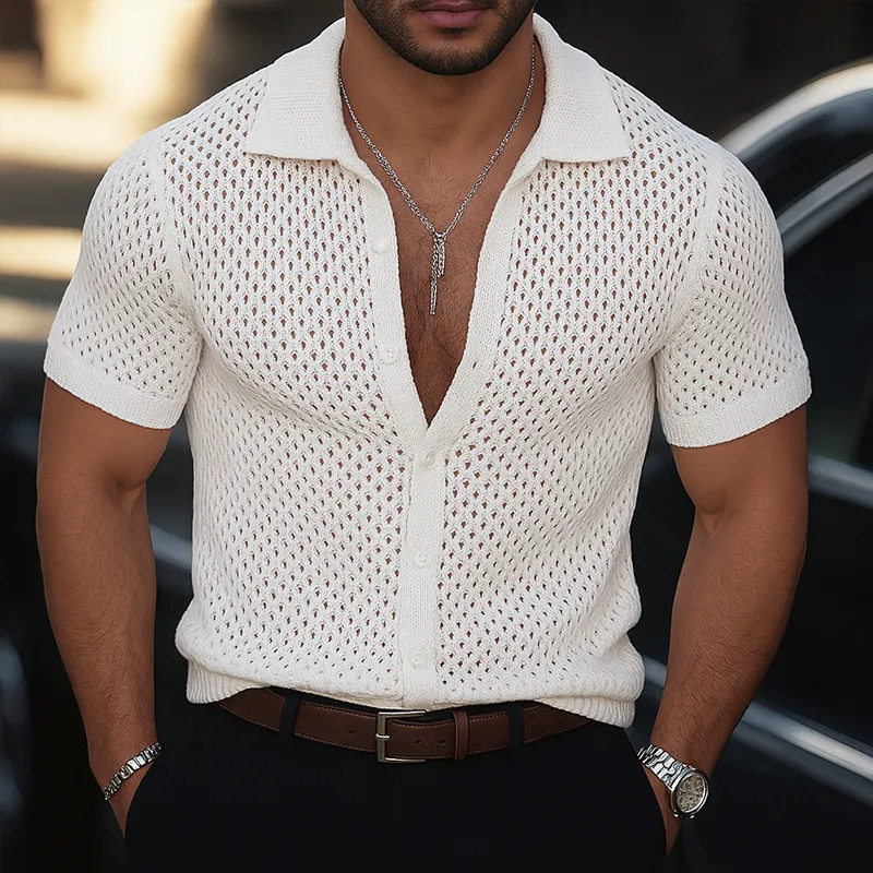 Men's Solid Hollow Knit Lapel Short Sleeve Shirt MTA2335F5Z sold by Manly product image thumbnail 2