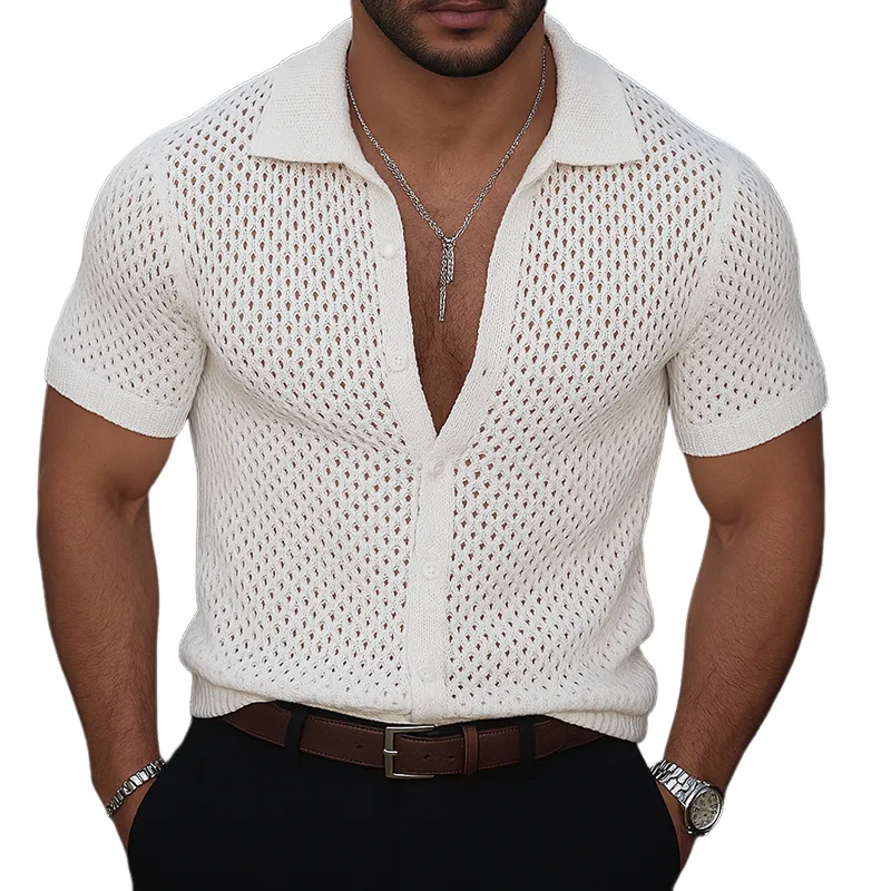 Men's Solid Hollow Knit Lapel Short Sleeve Shirt MTA2335F5Z sold by Manly