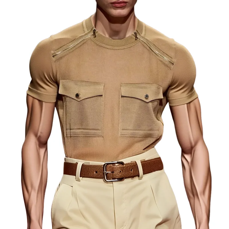 Men's Solid Zip Decor Round Neck Chest Pocket Short Sleeve T-shirt MTA2398F9Z sold by Manly