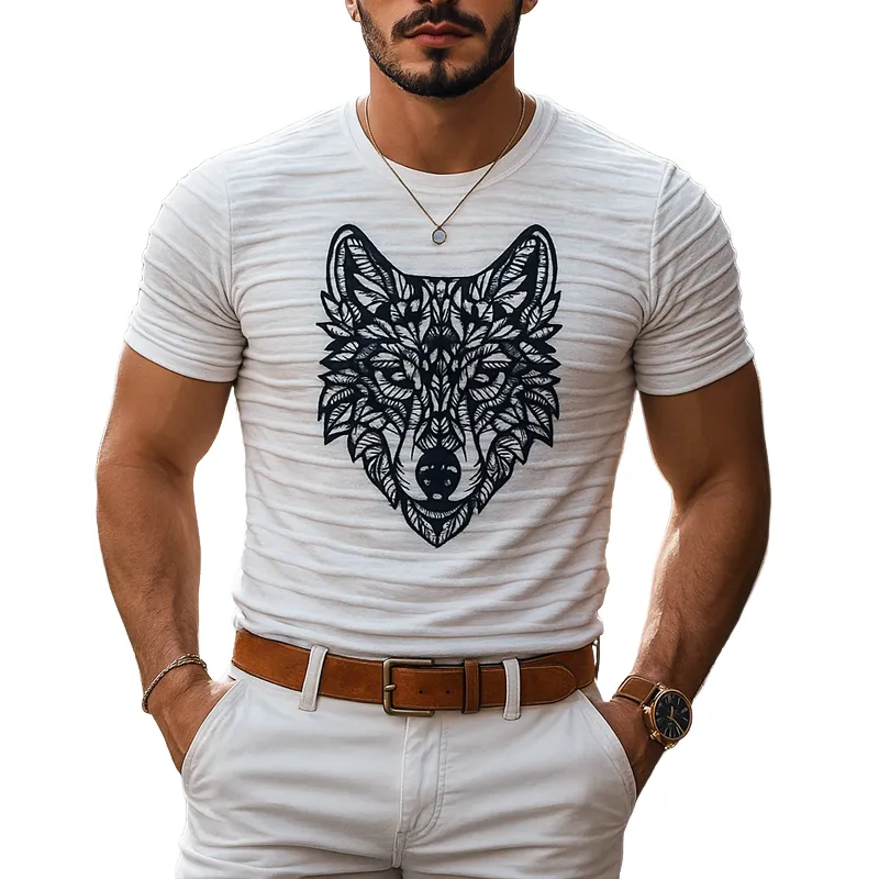 Men's Beast Head Patch Pleated Fabric Round Neck Short Sleeve T-shirt MTA2352F6Z sold by Manly