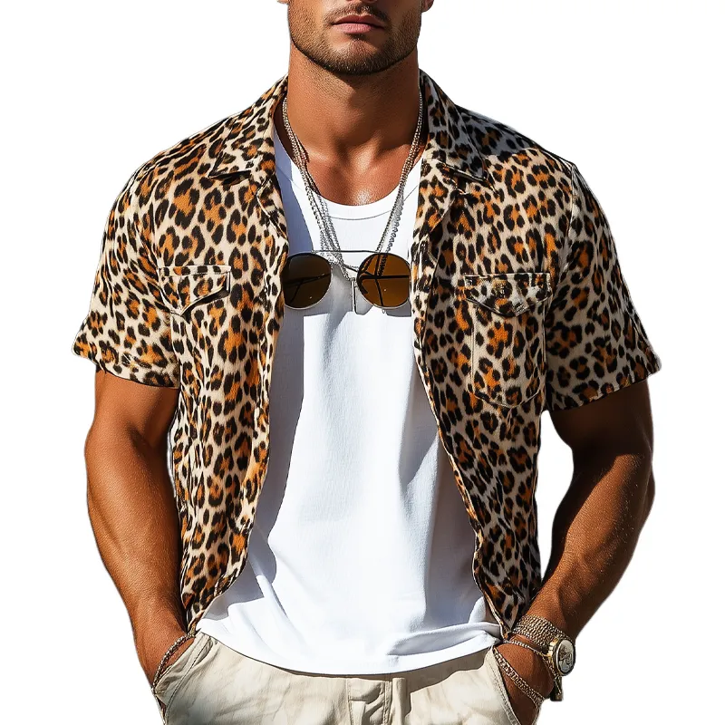 Men's Leopard Print Short Sleeve Multi-Pocket Shirt MTA2389F4X sold by Manly