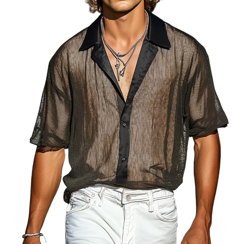 Men's Summer Fashion Casual Mesh Stitching Satin Double-layer Fabric Short-sleeved Shirt MTA2340F0K sold by Manly