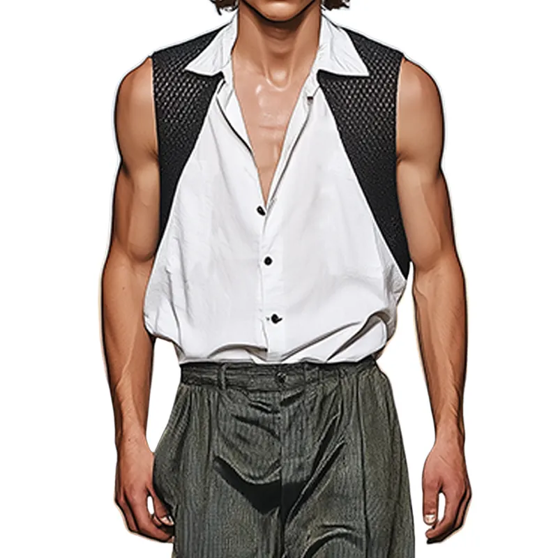 Men's Summer Fashion Casual Mesh Fabric Splicing Cotton Blend Sleeveless Shirt MTA2342F1K sold by Manly