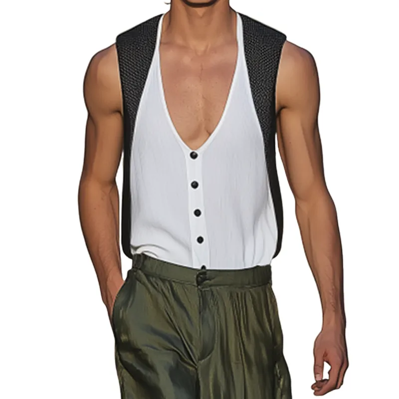 Men's Summer Fashion Casual Mesh Fabric Splicing Cotton Blended Decorative False Placket Deep V-neck Tank Top MTA2397F6K sold by Manly