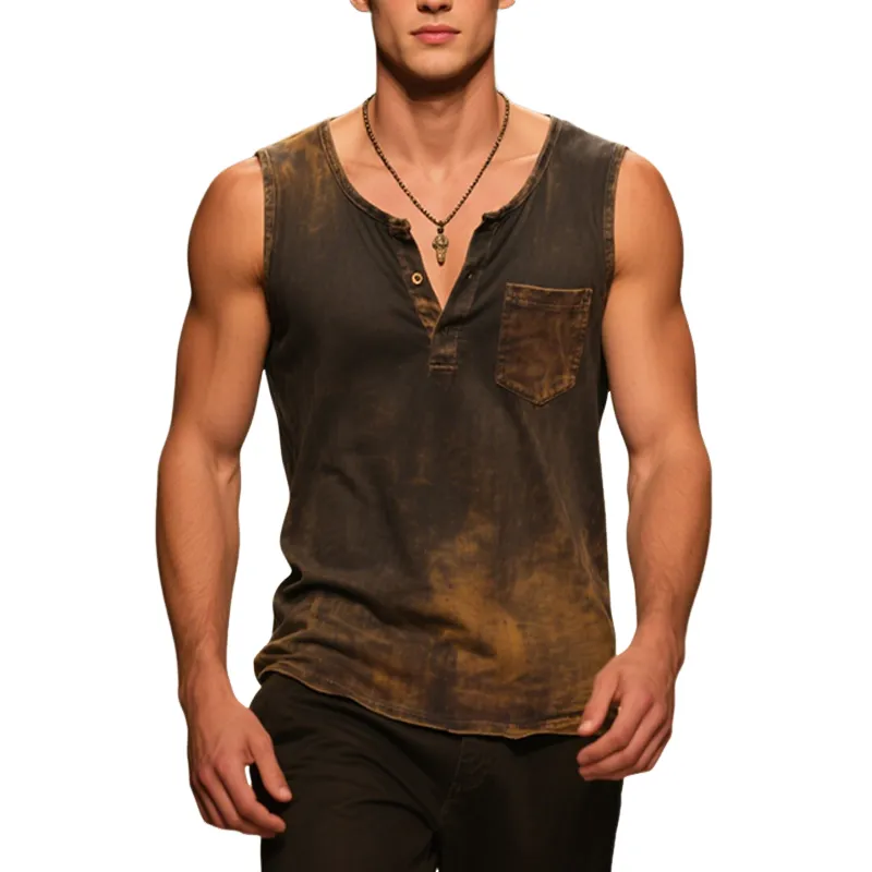 Men's Vintage Casual Gradient Print Henley Neck Sleeveless Tank Top MTA2354F8TO sold by Manly