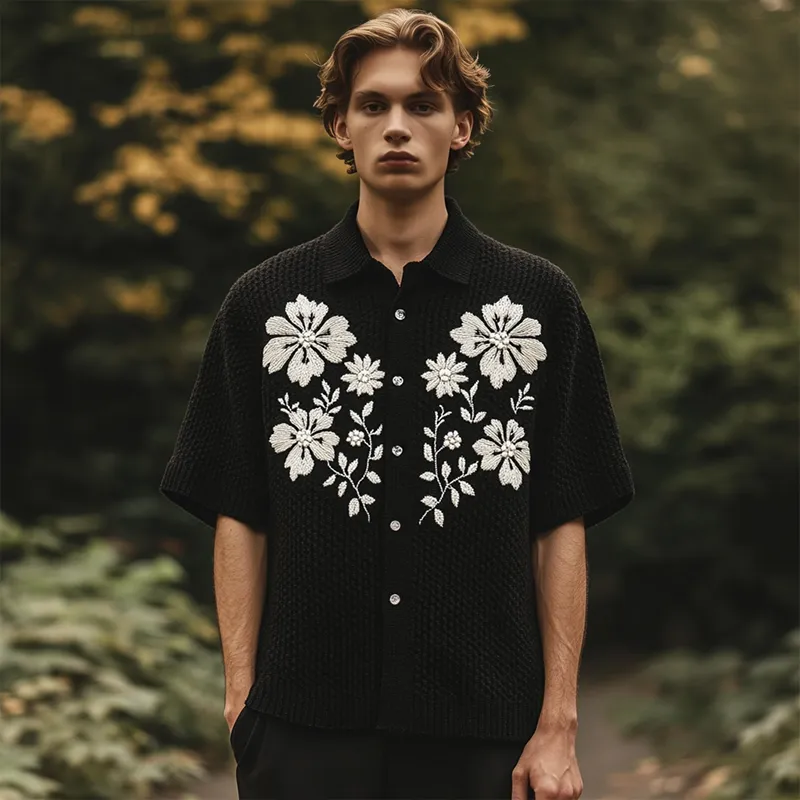 Men's Retro Casual Embroidered Knitted Lapel Short Sleeve Shirt MTA2376F0TO sold by Manly product image thumbnail 3