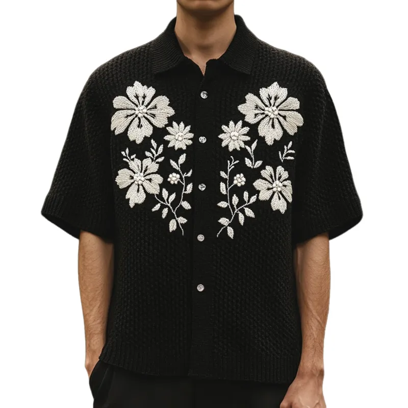 Men's Retro Casual Embroidered Knitted Lapel Short Sleeve Shirt MTA2376F0TO sold by Manly