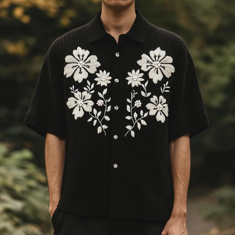 Men's Retro Casual Embroidered Knitted Lapel Short Sleeve Shirt MTA2376F0TO sold by Manly product image thumbnail 2