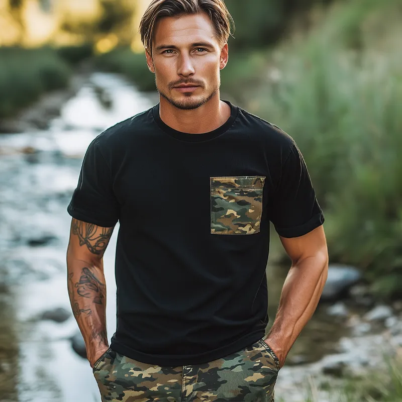 Men's Classic Round Neck Camouflage Patchwork Short Sleeve T-Shirt MTA2381F9U sold by Manly product image thumbnail 3