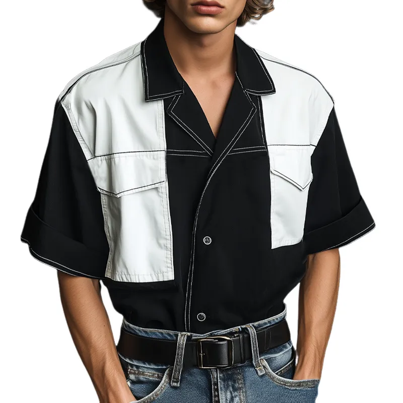 Men's Classic Black And White Colorblock Notch Lapel Short-Sleeved Shirt MTA2370F0U sold by Manly