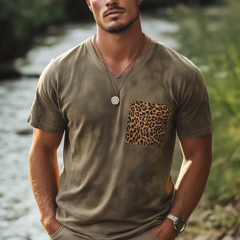 Men's Retro V-neck Leopard Print Pocket Stitching Short Sleeve T-shirt MTA2369F8U sold by Manly product image thumbnail 2