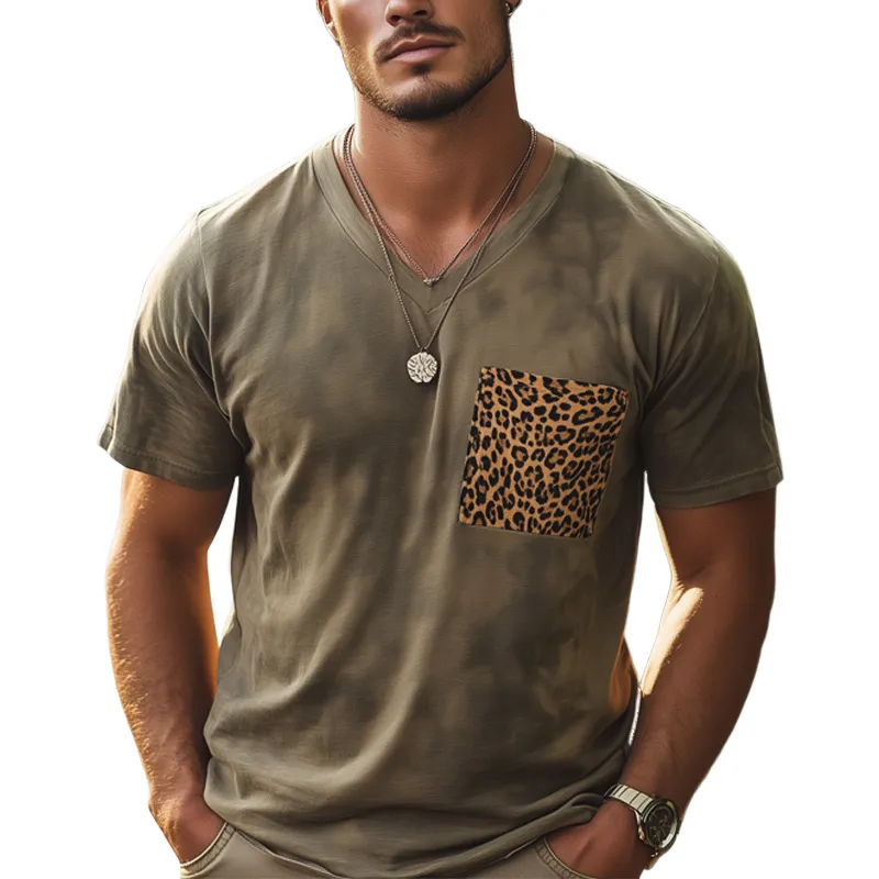 Men's Retro V-neck Leopard Print Pocket Stitching Short Sleeve T-shirt MTA2369F8U sold by Manly