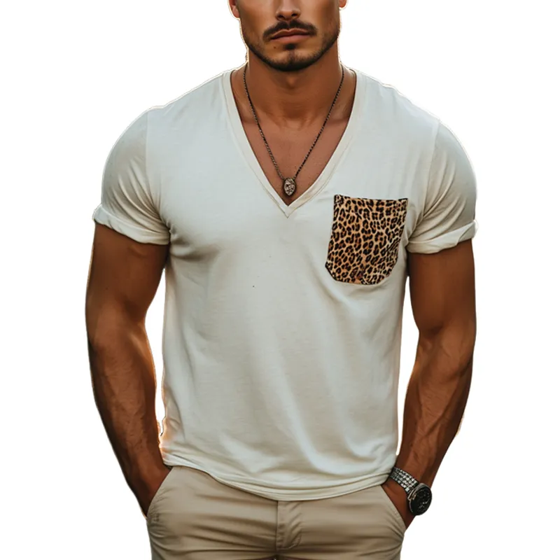 Men's Deep V Neck Leopard Print Pocket Stitching Short Sleeve T-Shirt MTA2373F8U sold by Manly