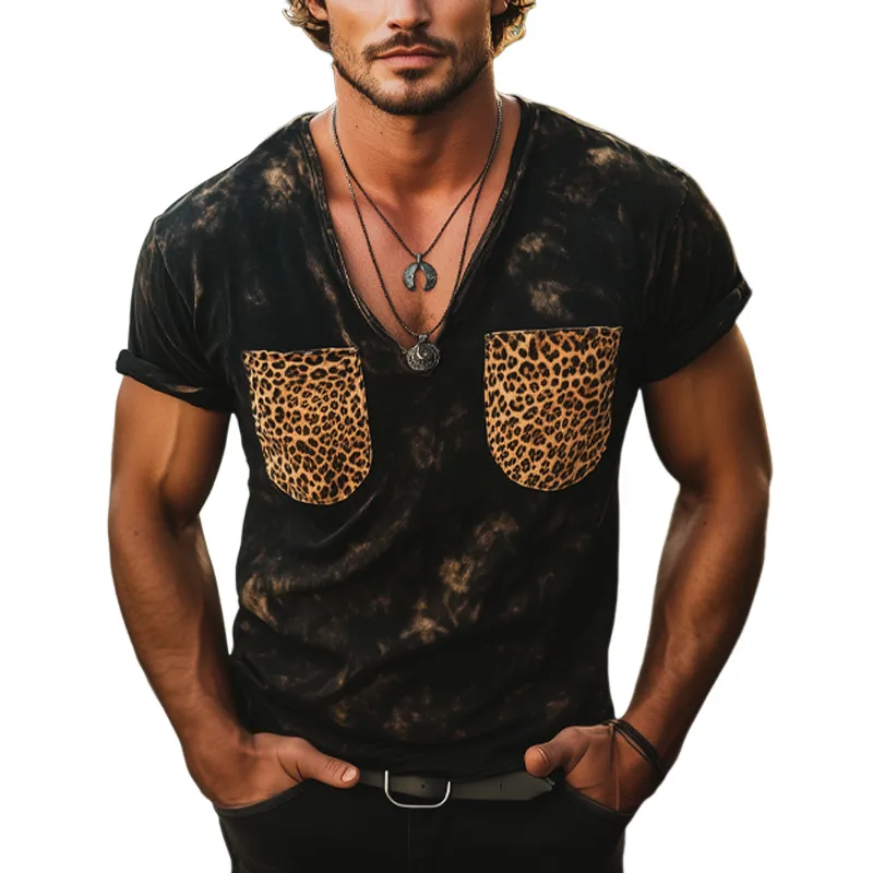 Men's Deep V-neck Retro Leopard Print Pocket Stitching Short Sleeve T-shirt MTA2312F0U sold by Manly