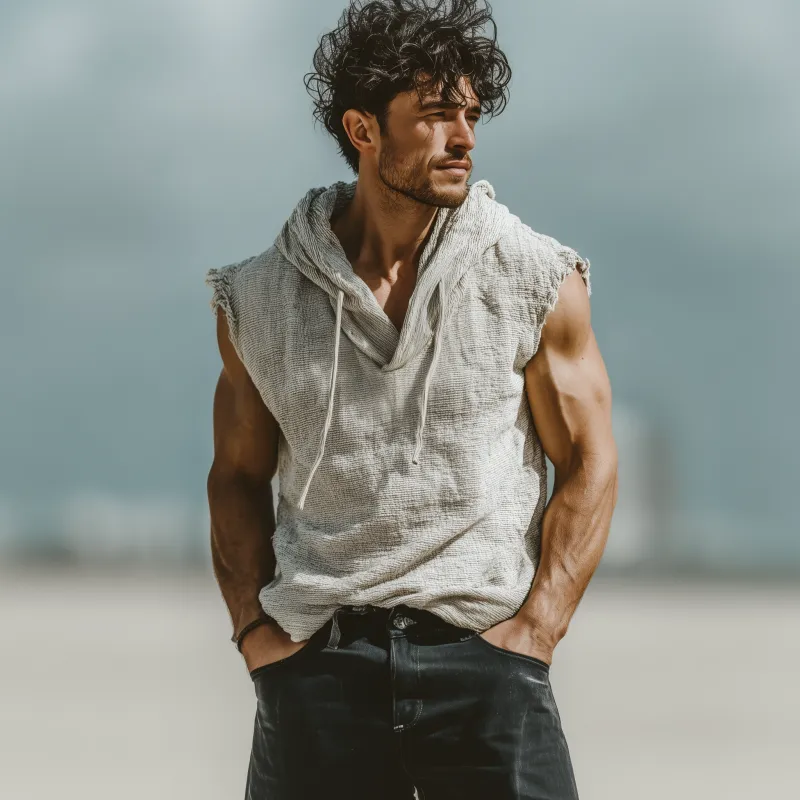 Men's Casual Breathable Cotton Linen Striped Hooded Loose Raw Edge Sleeveless Tank Top MTA2306F6M sold by Manly product image thumbnail 3