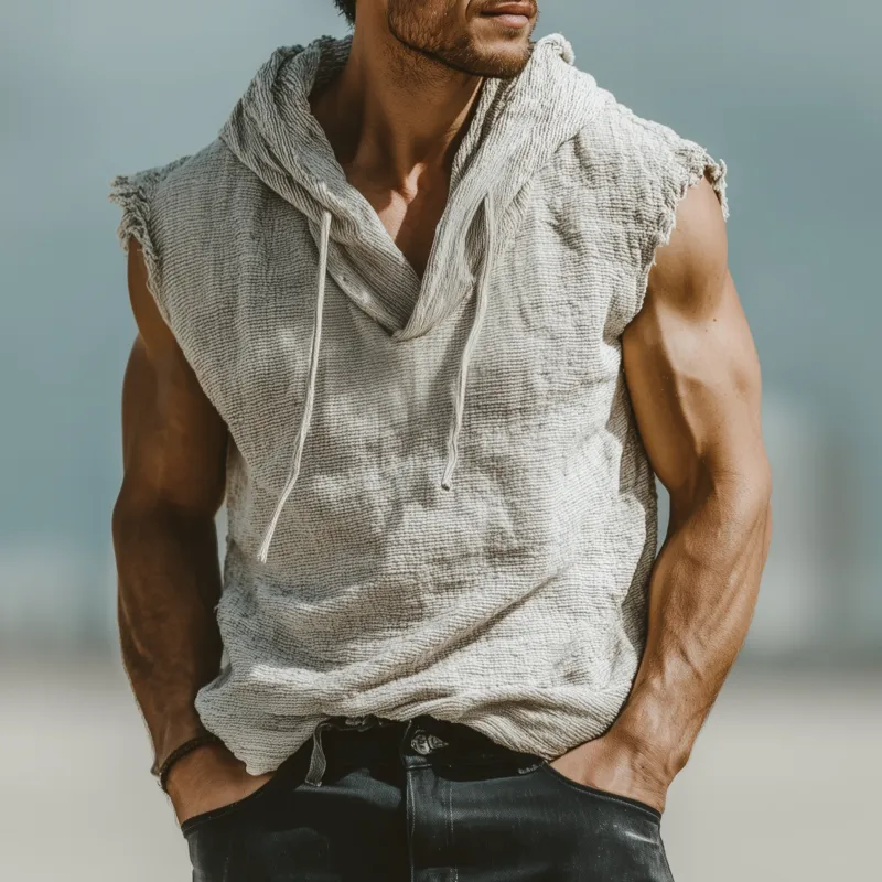 Men's Casual Breathable Cotton Linen Striped Hooded Loose Raw Edge Sleeveless Tank Top MTA2306F6M sold by Manly product image thumbnail 2