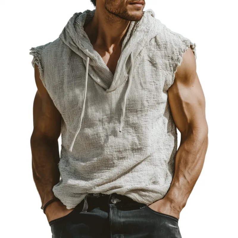 Men's Casual Breathable Cotton Linen Striped Hooded Loose Raw Edge Sleeveless Tank Top MTA2306F6M sold by Manly