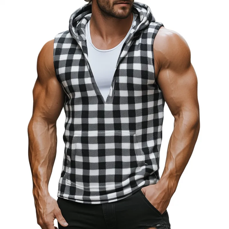 Men's Casual Contrast Plaid Cotton V-Neck Hooded Kangaroo Pocket Slim Fit Tank Top MTA2305F3M sold by Manly
