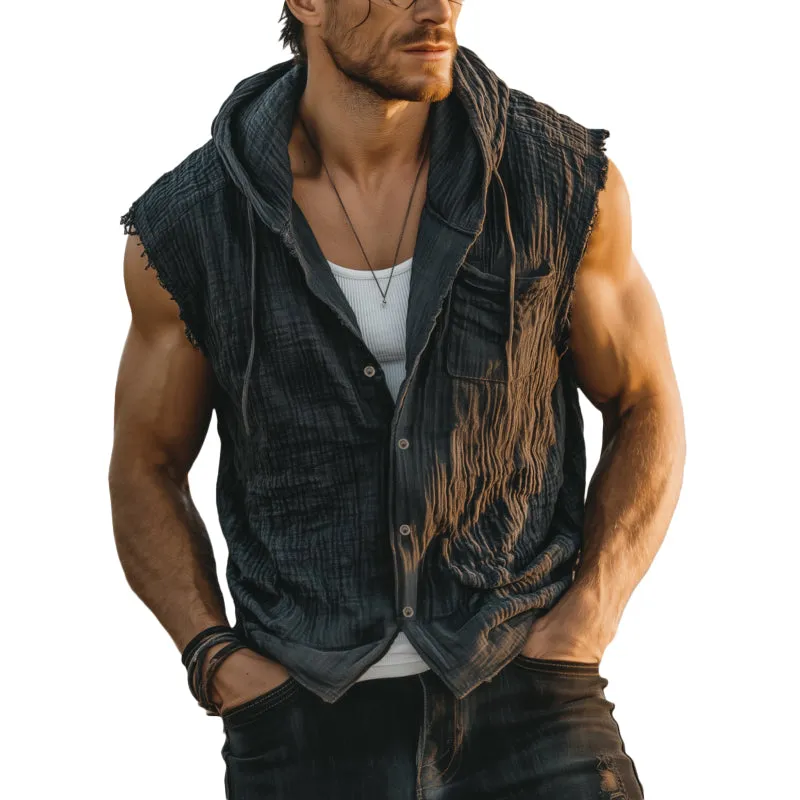 Men's Casual Wrinkled Cotton Washed Distressed Hooded Patch Pocket Loose Raw Edge Sleeveless Shirt MTA2338F9M sold by Manly