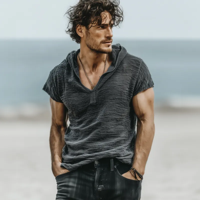 Men's Fashion Breathable Gray Texture V-neck Hooded Loose Short-sleeved T-shirt MTA2439F7M sold by Manly product image thumbnail 3