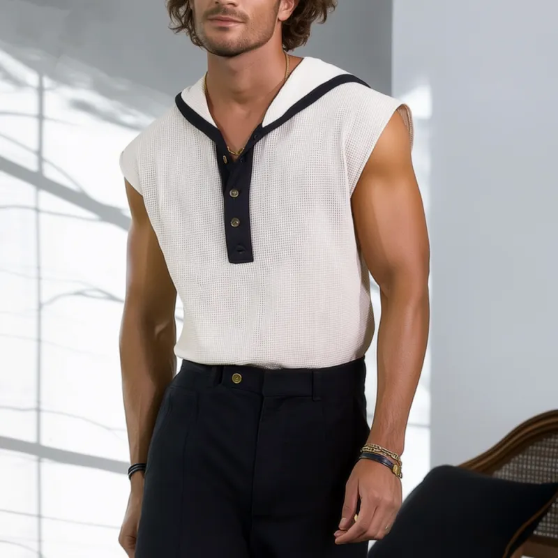 Men's Casual Breathable Waffle Colorblock Henley Collar Hooded Loose Tank Top MTA2421F0M sold by Manly product image thumbnail 3