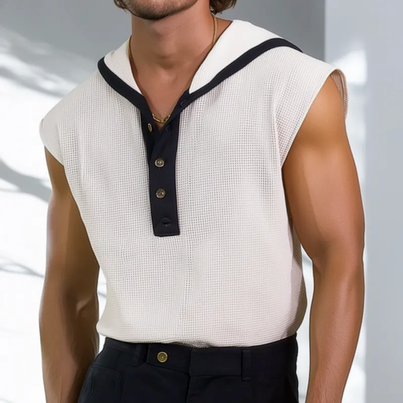 Men's Casual Breathable Waffle Colorblock Henley Collar Hooded Loose Tank Top MTA2421F0M sold by Manly product image thumbnail 2