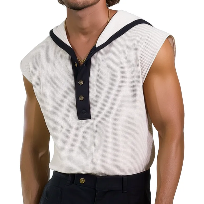 Men's Casual Breathable Waffle Colorblock Henley Collar Hooded Loose Tank Top MTA2421F0M sold by Manly