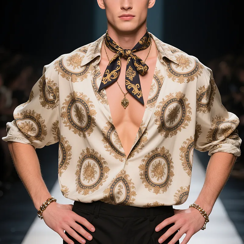 Men's Classic Retro Style Baroque Print Lapel Long Sleeve Shirt MTA2544F8TO sold by Manly product image thumbnail 2