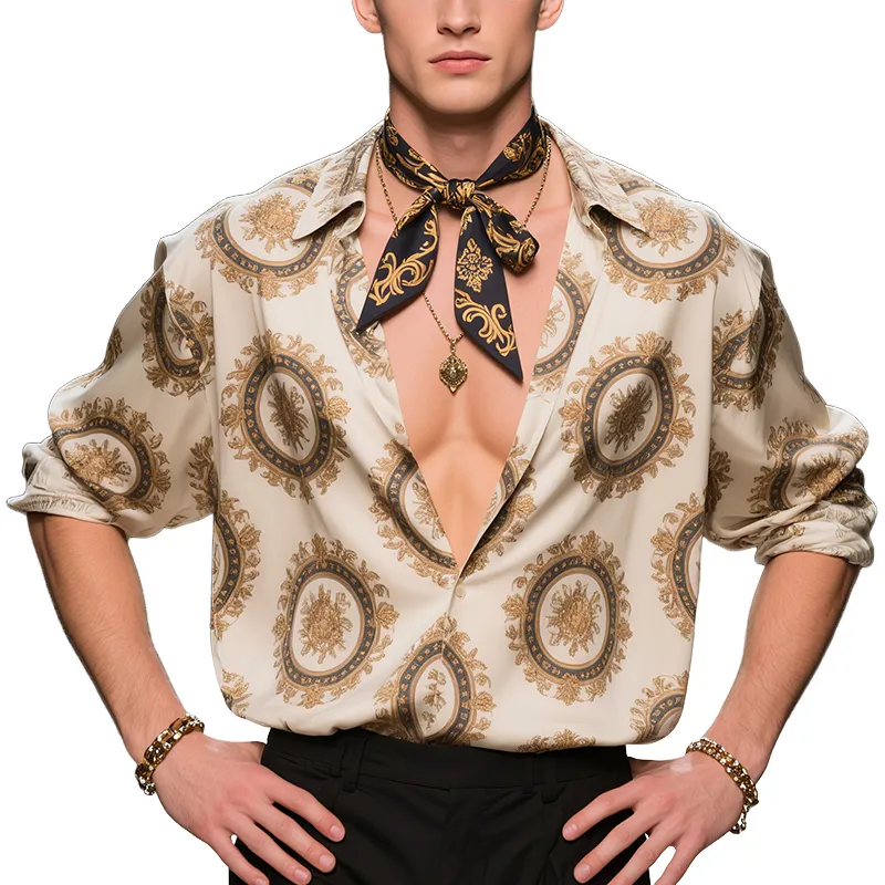 Men's Classic Retro Style Baroque Print Lapel Long Sleeve Shirt MTA2544F8TO sold by Manly