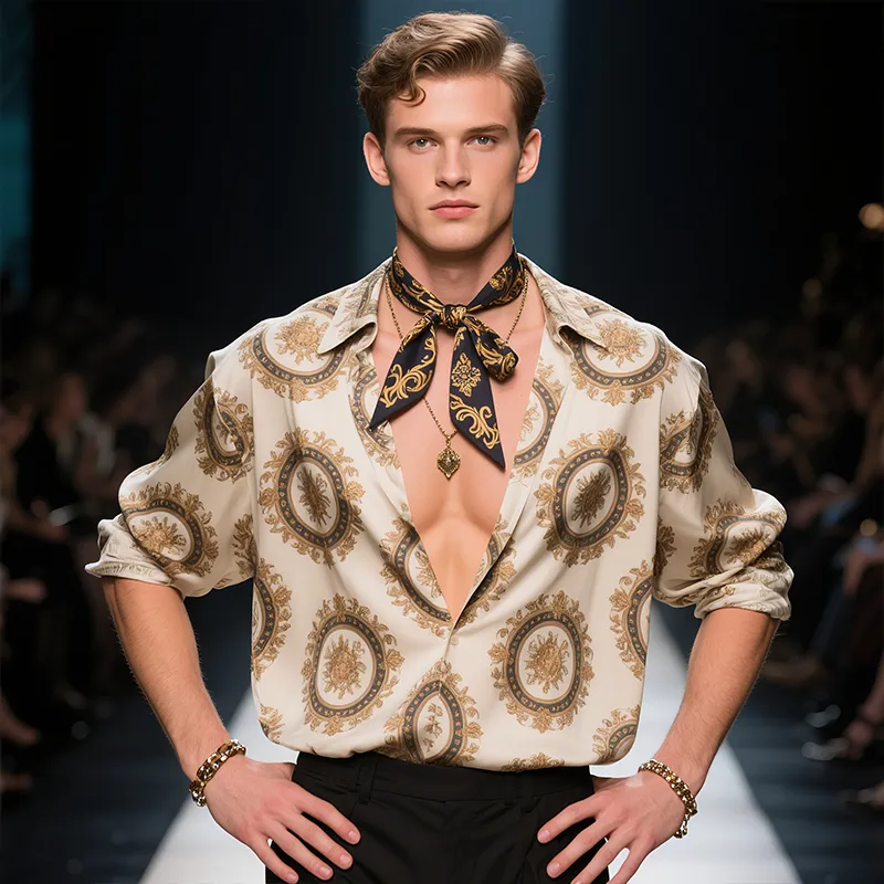 Men's Classic Retro Style Baroque Print Lapel Long Sleeve Shirt MTA2544F8TO sold by Manly product image thumbnail 3