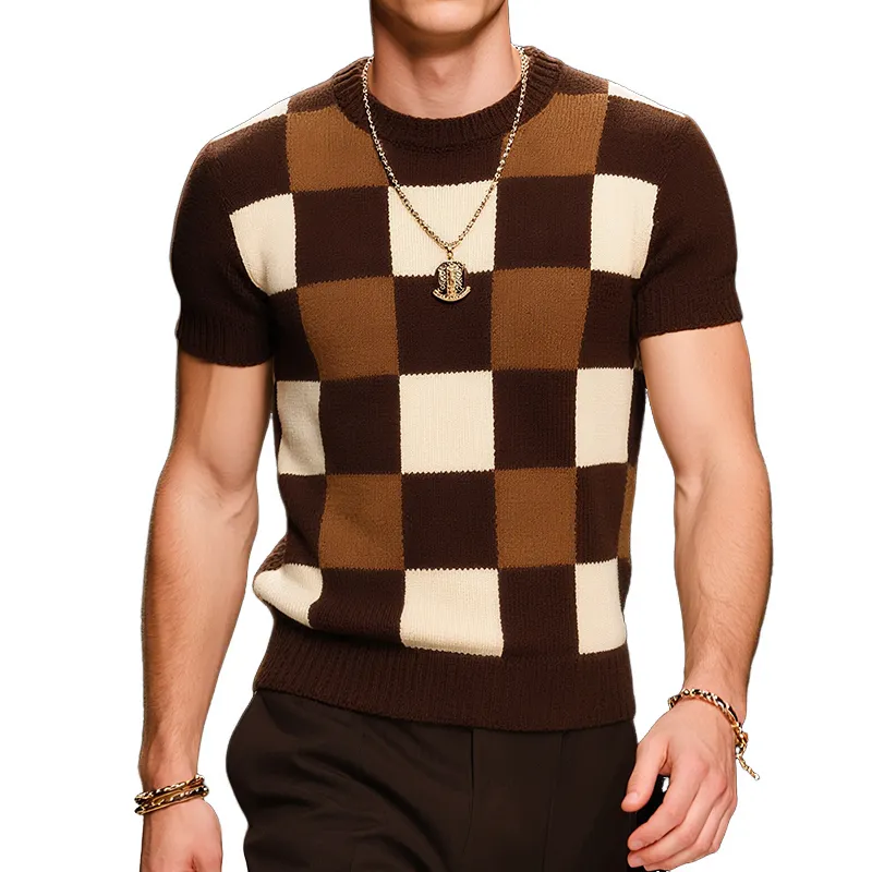Men's Retro Simple Round Neck Knitted Checkerboard Short Sleeve T-Shirt MTA2565F5TO sold by Manly