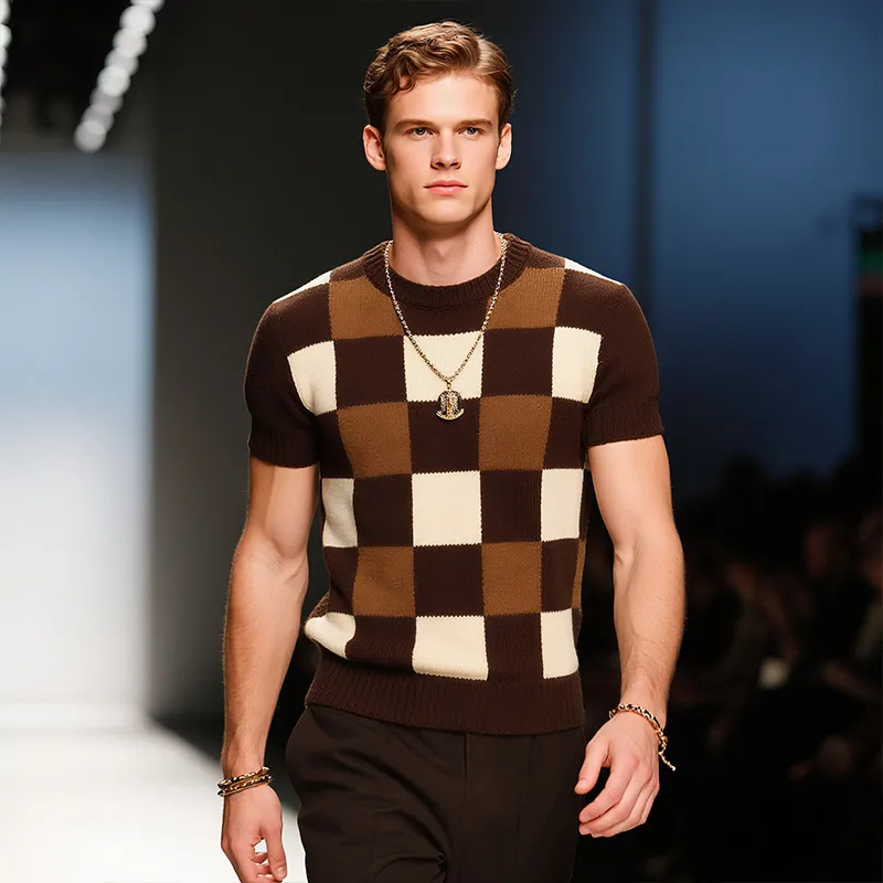 Men's Retro Simple Round Neck Knitted Checkerboard Short Sleeve T-Shirt MTA2565F5TO sold by Manly product image thumbnail 3