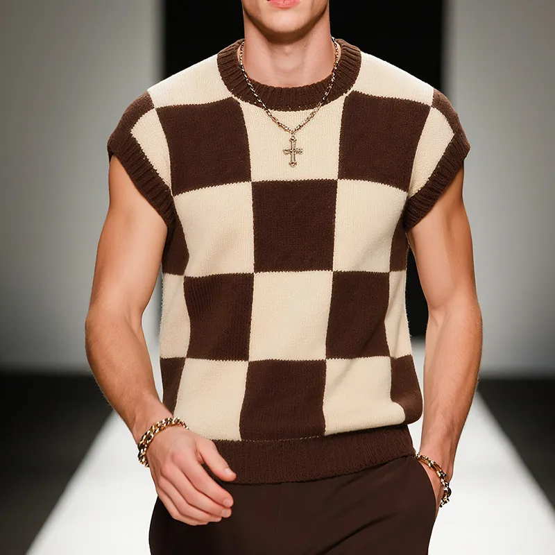 Men's Retro Simple Crew Neck Knitted Checkerboard Tank Top MTA2502F2TO sold by Manly product image thumbnail 2