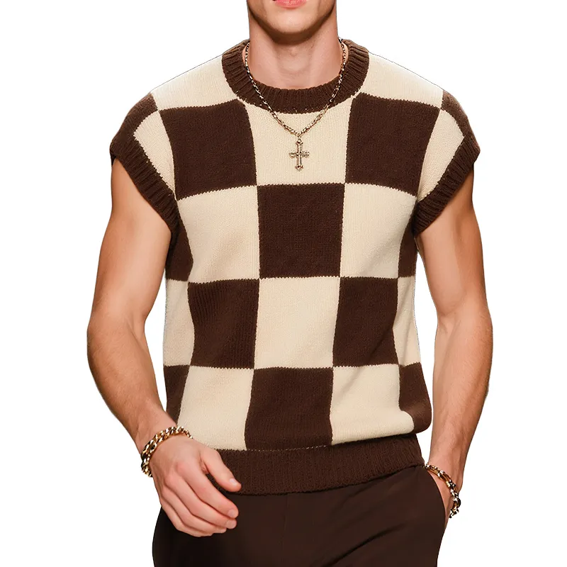 Men's Retro Simple Crew Neck Knitted Checkerboard Tank Top MTA2502F2TO sold by Manly