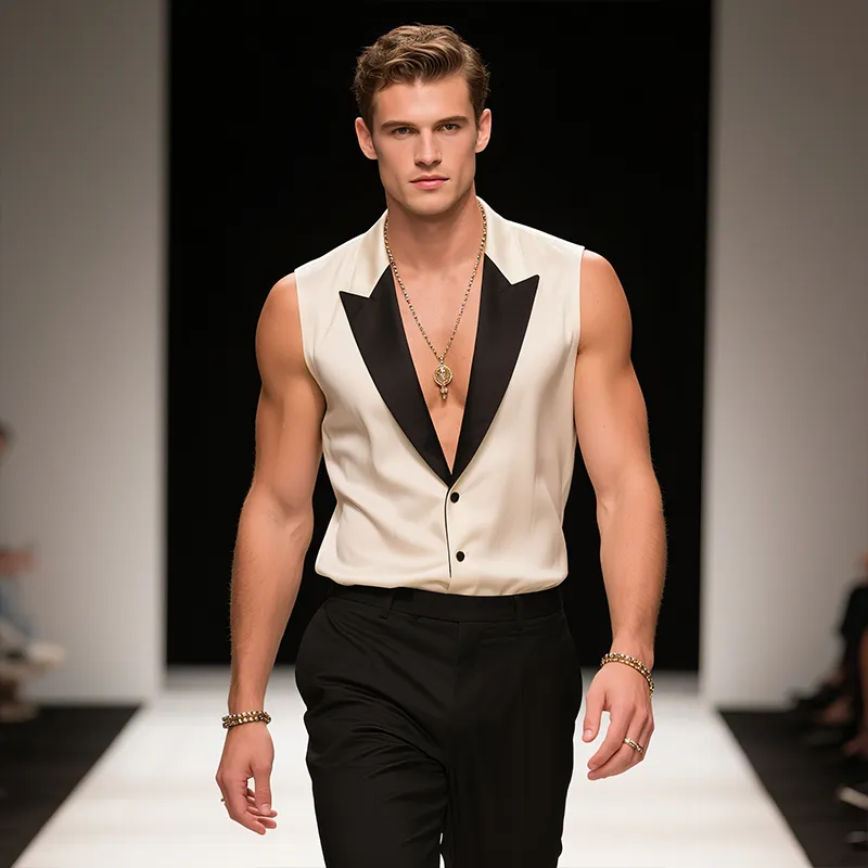 Men's Classic Vintage Satin Colorblock Peaked Lapel Sleeveless Shirt MTA2512F2TO sold by Manly product image thumbnail 3