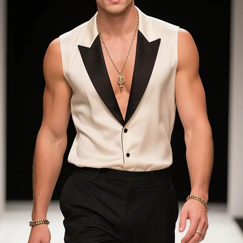 Men's Classic Vintage Satin Colorblock Peaked Lapel Sleeveless Shirt MTA2512F2TO sold by Manly product image thumbnail 2
