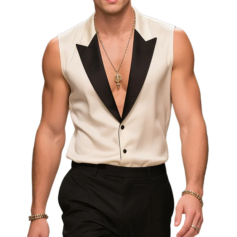 Men's Classic Vintage Satin Colorblock Peaked Lapel Sleeveless Shirt MTA2512F2TO sold by Manly
