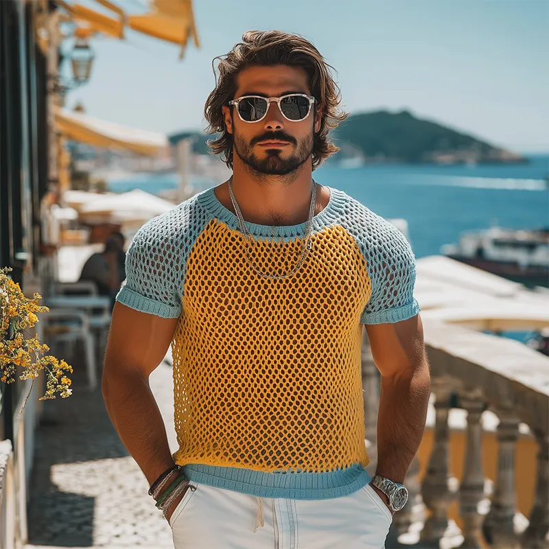 Men's Fashion Casual Hollow Contrast Color Stitching Knitted Round Neck Short-sleeved T-shirt MTA2509F0K sold by Manly product image thumbnail 3