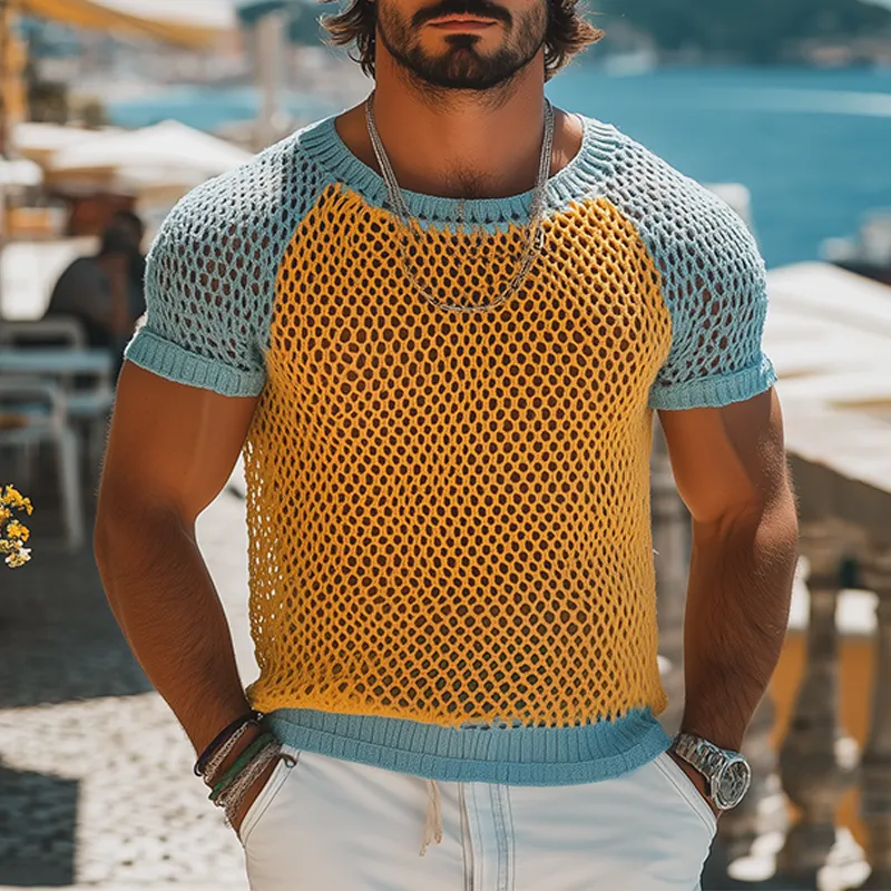 Men's Fashion Casual Hollow Contrast Color Stitching Knitted Round Neck Short-sleeved T-shirt MTA2509F0K sold by Manly product image thumbnail 2