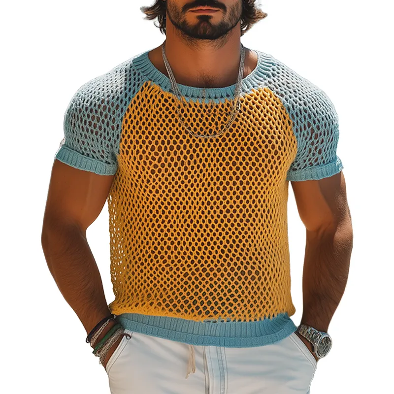 Men's Fashion Casual Hollow Contrast Color Stitching Knitted Round Neck Short-sleeved T-shirt MTA2509F0K sold by Manly