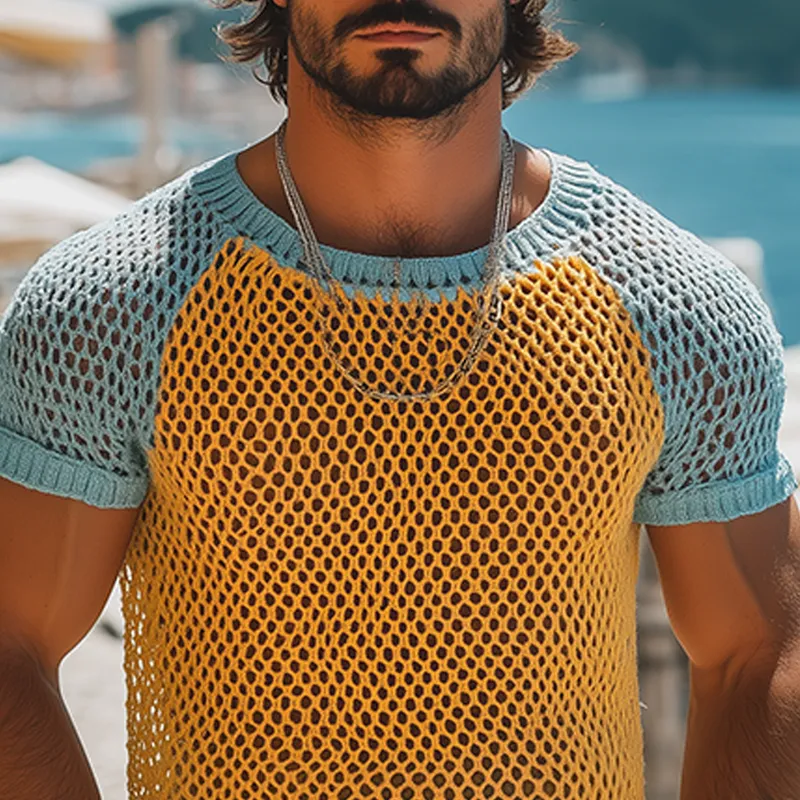 Men's Fashion Casual Hollow Contrast Color Stitching Knitted Round Neck Short-sleeved T-shirt MTA2509F0K sold by Manly product image thumbnail 4