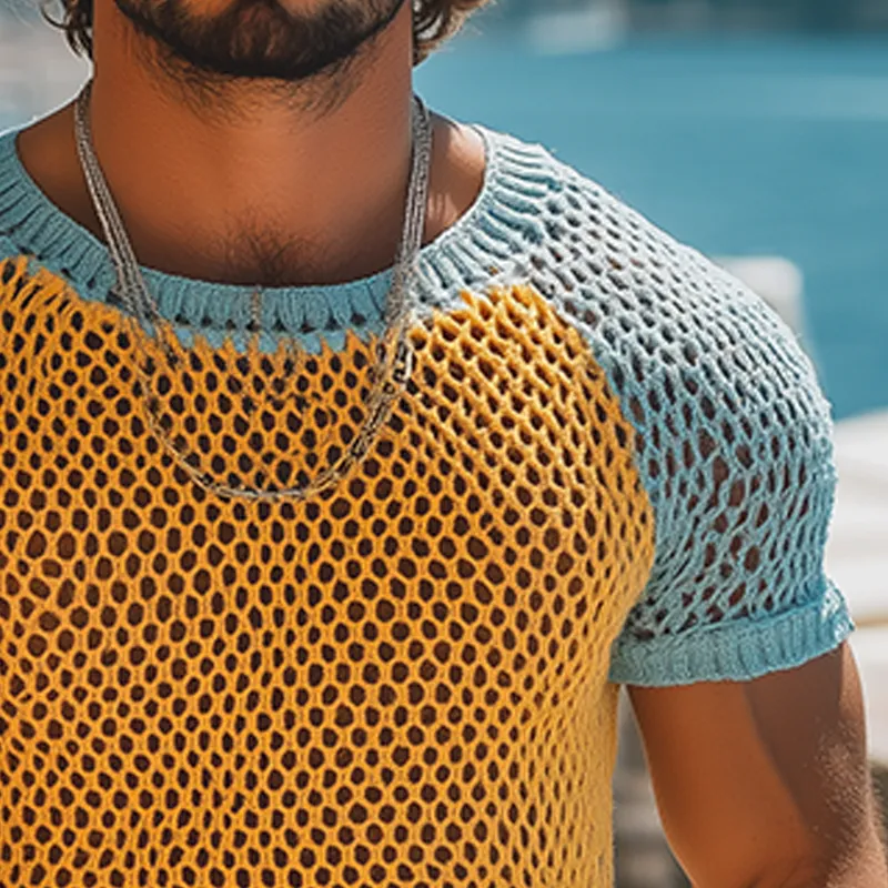 Men's Fashion Casual Hollow Contrast Color Stitching Knitted Round Neck Short-sleeved T-shirt MTA2509F0K sold by Manly product image thumbnail 5