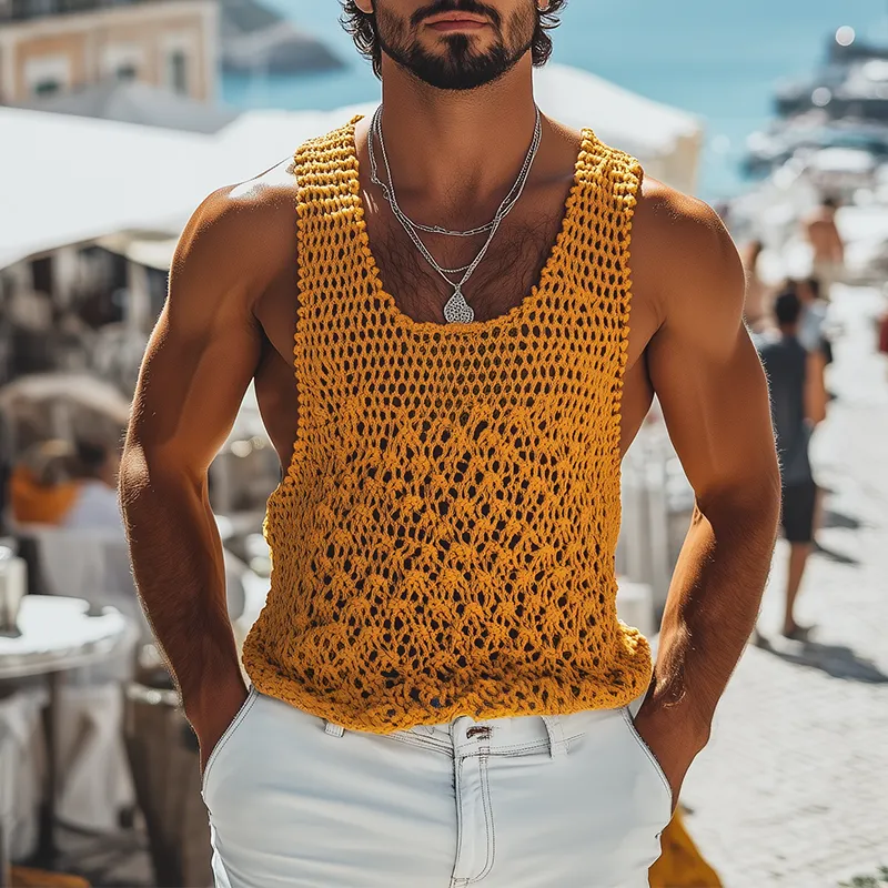 Men's Fashion Casual Hollow Knitted Three-Dimensional Pattern U-Neck Tank Top MTA2577F4K sold by Manly product image thumbnail 2