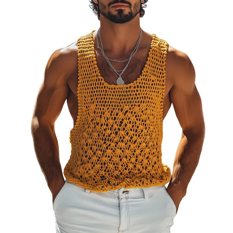 Men's Fashion Casual Hollow Knitted Three-Dimensional Pattern U-Neck Tank Top MTA2577F4K sold by Manly